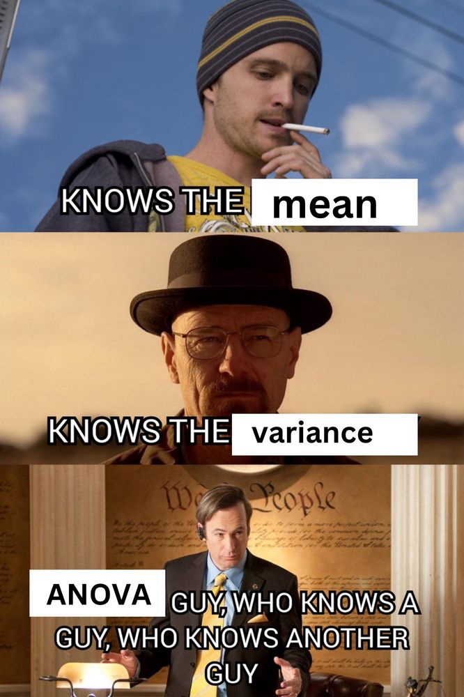 Three-frame Breaking Bad meme 
Frame 1: Jesse smoking a cigarette with text reading “knows the mean”
Frame 2: Walt wearing a fedora looking straight at camera with text reading “knows the variance”
Frame 3: Saul on his Bluetooth with text reading “ANOVA guy, who knows a guy, who knows another guy”