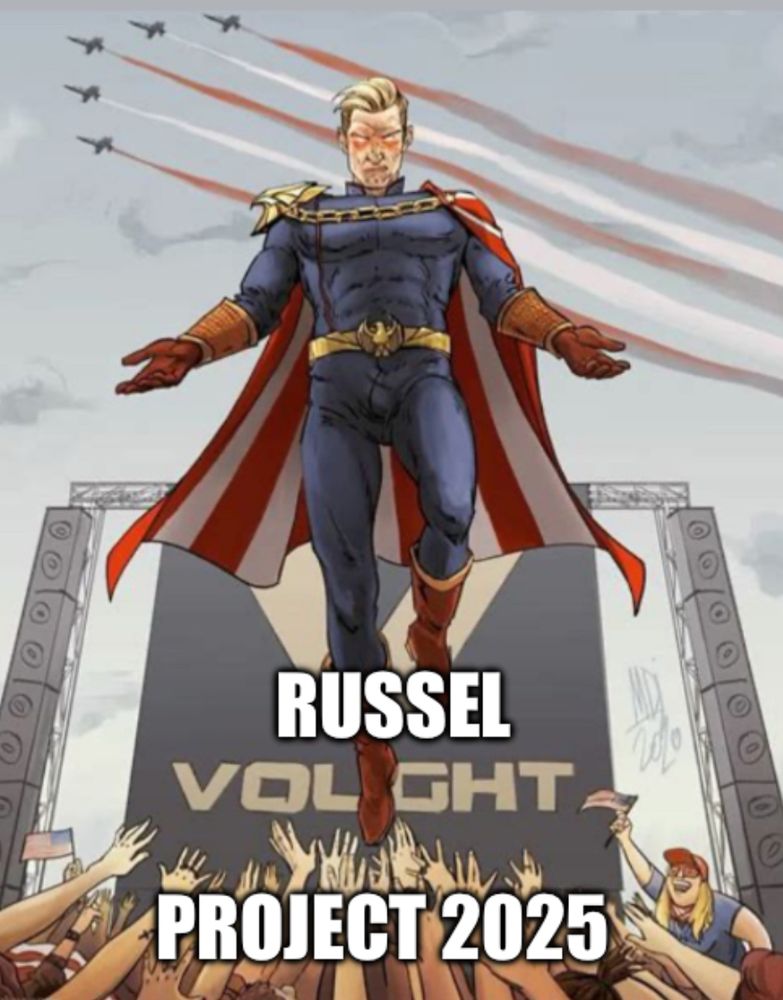 The Boys Comic mit Figur von Homelander vor dem Gebäude der Vaught Company. Hinzugefügt die Wörter Russel und Project 2025