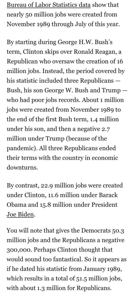 Bureau of Labor Statistics data show that nearly 50 million jobs were created from November 1989 through July of this year.

By starting during George H.W. Bush's term, Clinton skips over Ronald Reagan, a Republican who oversaw the creation of 16 million jobs. Instead, the period covered by his statistic included three Republicans Bush, his son George W. Bush and Trump who had poor jobs records. About 1 million jobs were created from November 1989 to the end of the first Bush term, 1.4 million under his son, and then a negative 2.7 million under Trump (because of the pandemic). All three Republicans ended their terms with the country in economic downturns.

By contrast, 22.9 million jobs were created under Clinton, 11.6 million under Barack Obama and 15.8 million under President Joe Biden.

You will note that gives the Democrats 50.3 million jobs and the Republicans a negative 300,000. Perhaps Clinton thought that would sound too fantastical. So it appears as if he dated his statistic from January 1989, which results in a total of 51.5 million jobs, with about 1.3 million for Republicans.