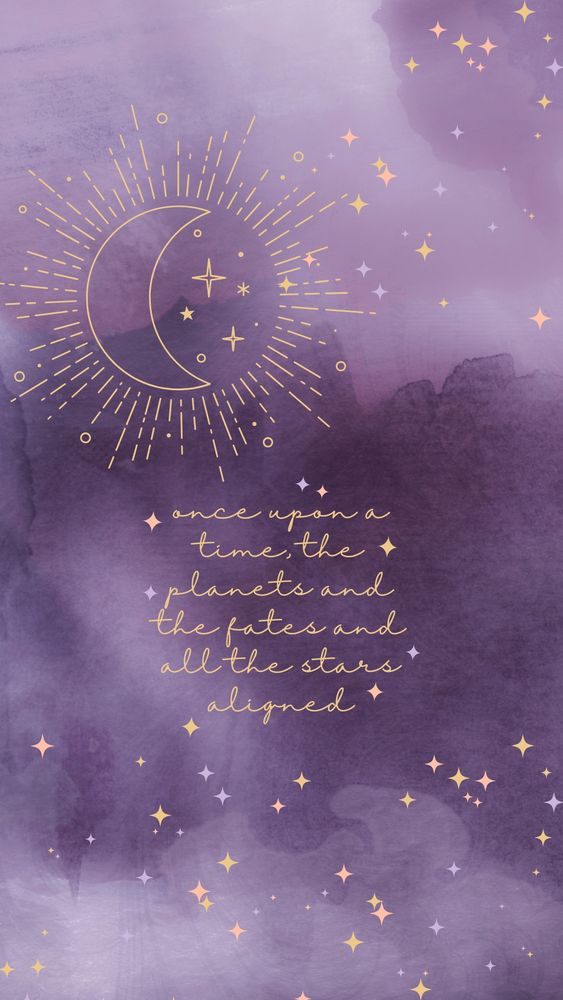 The background is purple watercolor. There is a crescent moon with stars inside a sun shape made from line art in gold. The lyrics “stars all aligned” from Taylor Swift’s All of the Girls You Loved Before, are written in gold in the center. There are scattered 4 point stars all around in gold, pink, and purple.