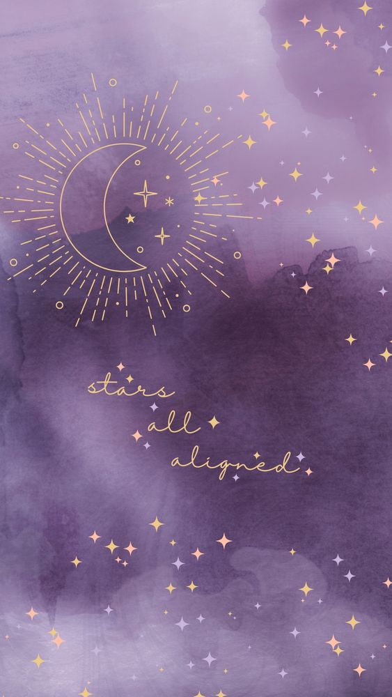 The background is purple watercolor. There is a crescent moon with stars inside a sun shape made from line art in gold. The lyrics “stars all aligned” from Taylor Swift’s All of the Girls You Loved Before, are written in gold in the center. There are scattered 4 point stars all around in gold, pink, and purple.