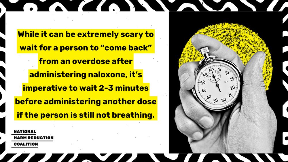 Same pattern, background, logo, and arrow. A graphic of a hand holding a stop watch over a yellow circle, framed by exclamation mark icons, is at top right. At left in black font over yellow text box, copy reads, "While it can be extremely scary to wait for a person to “come back” from an overdose after administering naloxone, it’s imperative to wait 2-3 minutes before administering another dose if the person is still not breathing." 