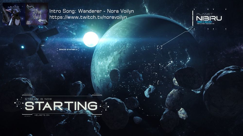 A new Starting Soon Screen, showing an asteroid belt, a planet, and an updated credit display for Nora Voilyn, easier to read.