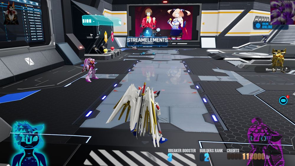 A Preview of a standard game, this one being Gundam Breaker 4, the cast of characters are in their previous positions, and a Stream Elements Alert is displayed in the upper center, in a new style.