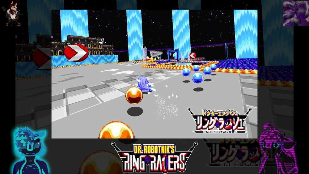 A preview of a Ring Racer Specific Layout. Cipher is on the lower left, a hologram of Eden is on the lower right. Two Friends, rubycelestialfox on twitch, and @yinathekitsune are on the upper corners as part of Discord Reactive.