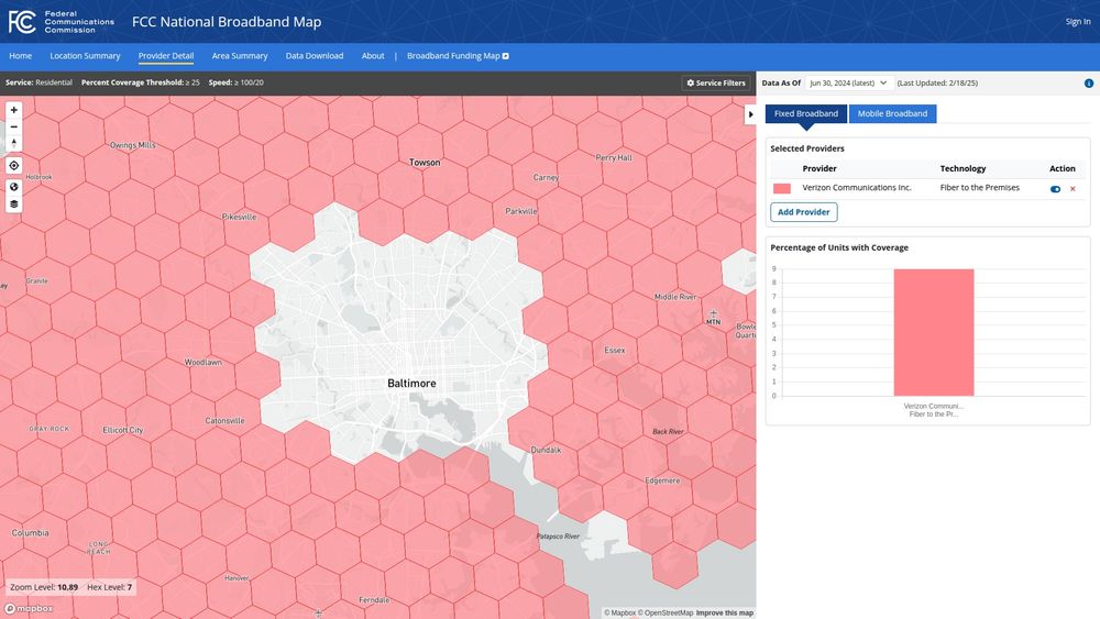 Excerpt from current FCC Broadband Map showing areas where Verizon offers fiber Internet service to at least 25% of residential locations -- Baltimore city vs nearby suburbs.