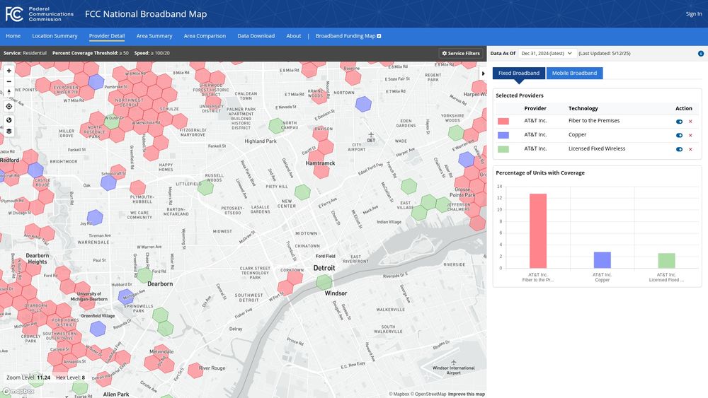 Excerpt of FCC Broadband Map showing areas of Detroit and adjacent suburbs where AT&T offers Internet speeds of at least 100 Mbps down and 20 Mbps (fiber, DSL or fixed wireless) to at least half of residential locations, as of December 2024.