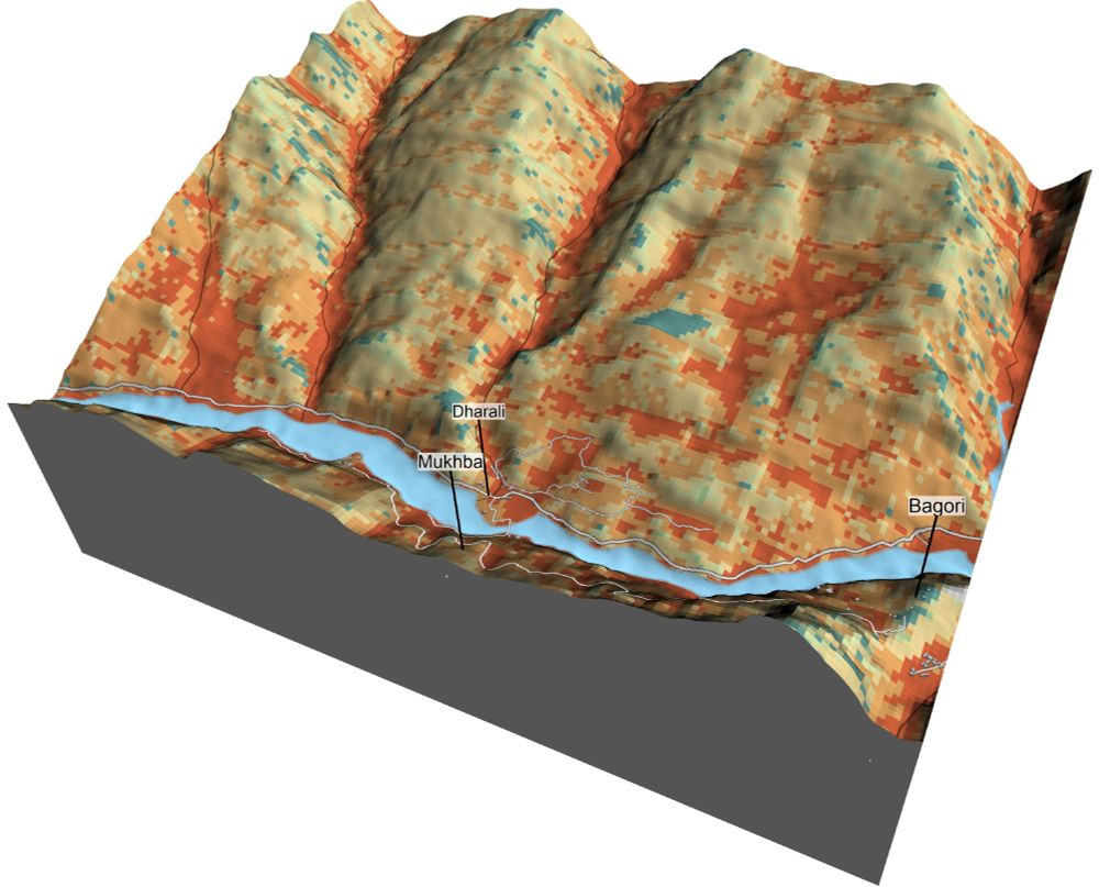 A 3D image of the region around Dharali Village, coloured green to orange, possibly indicating variation in relative landslide risk