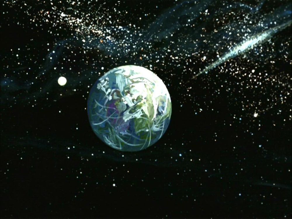 The Shore Leave planet suspended in a beautiful starfield in Once Upon a Planet (TAS 1 09).