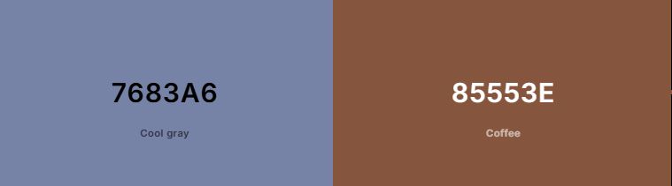 A palette of two colours: #7683A6 "cool grey" and 85553E "coffee".