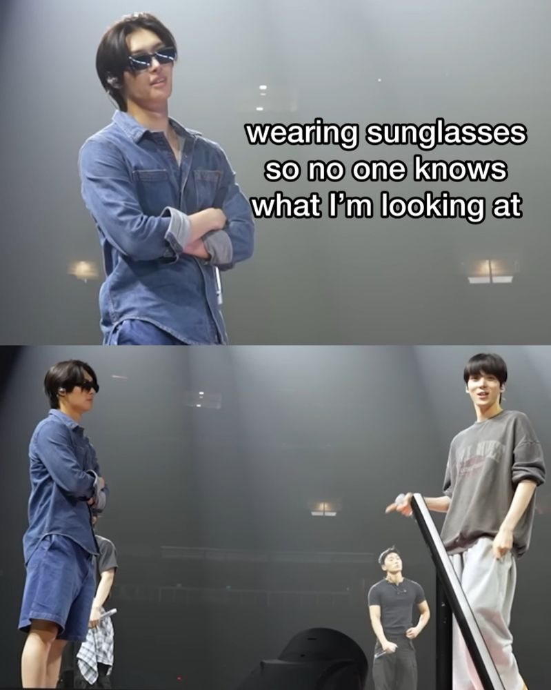 meme from yourgoodpup_ on x: Mingi wearing sunglasses so no one knows what he's looking at followed by Mingi in his sunglasses looking directly at yunho