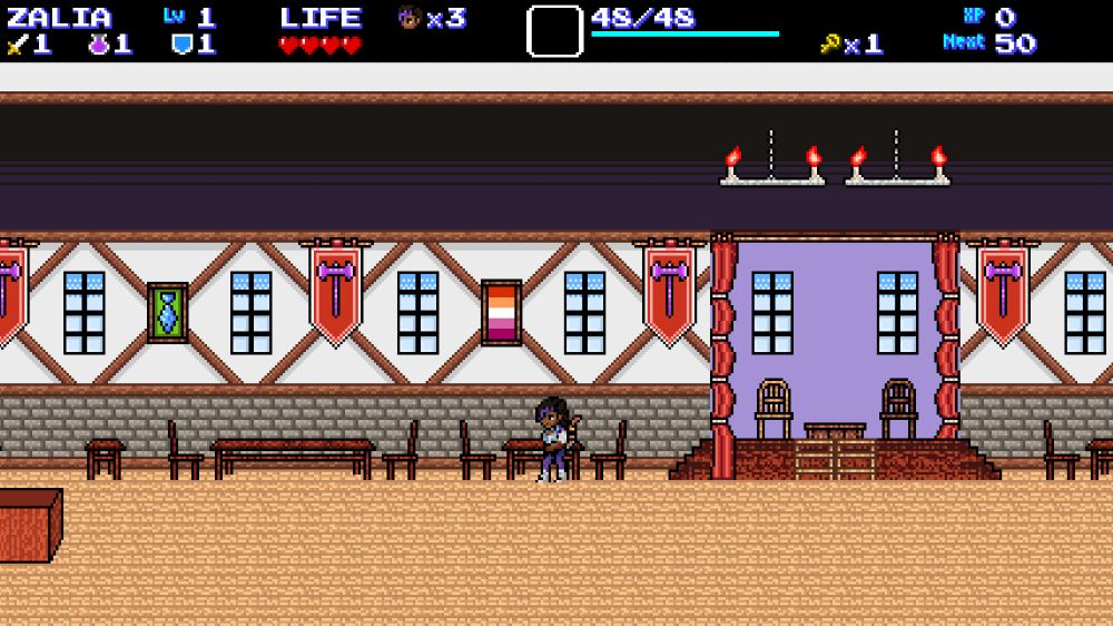 A screenshot of Enigma Heart. The player is in The Purple Labrys, a central location in the game. The wall is adorned with banners bearing the purple labrys crest. One picture frame in particular contains a large, hard-to-miss lesbian pride flag.