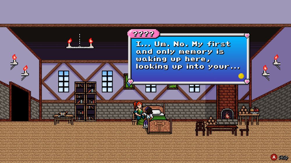 Screenshot of Enigma Heart. The scene is in Zalia's room in The Purple Labrys. Zalia (identified as question marks in her dialogue box because we don't know her name yet) is looking at Esme, who's sitting beside her bed in a chair. Zalia says: "I... Um. No. My first and only memory is waking up here, looking up into your..."