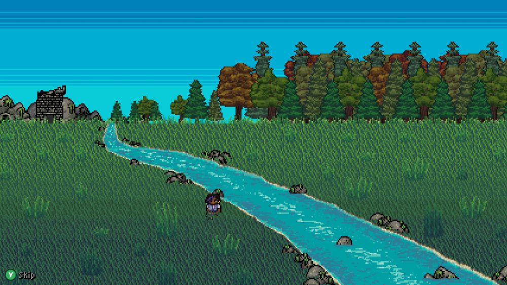 A pixel art scene of a grassy field, with a dense wood at the horizon along with the crumbled ruins of a stone tower nearby. A river runs through the field. Zalia, the protagonist, walks toward the camera, along the bank of the river.