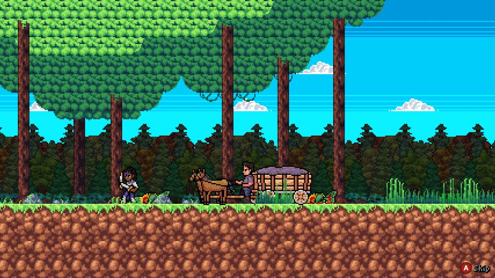 Pixel art scene from Enigma Heart, showing Zalia taking point as she escorts Remont, his horses, and their wagon full of grain through a forest.