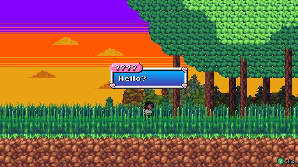 A side-scrolling scene more typical of the gameplay. Zalia stands in some tall grass near the entrance of a forest. The scene is at sunset, as the sky is filled with brilliant gold, orange, and purple colors, with orange and gold-colored clouds. She's standing still, looking into the woods, and calling out: "Hello?"