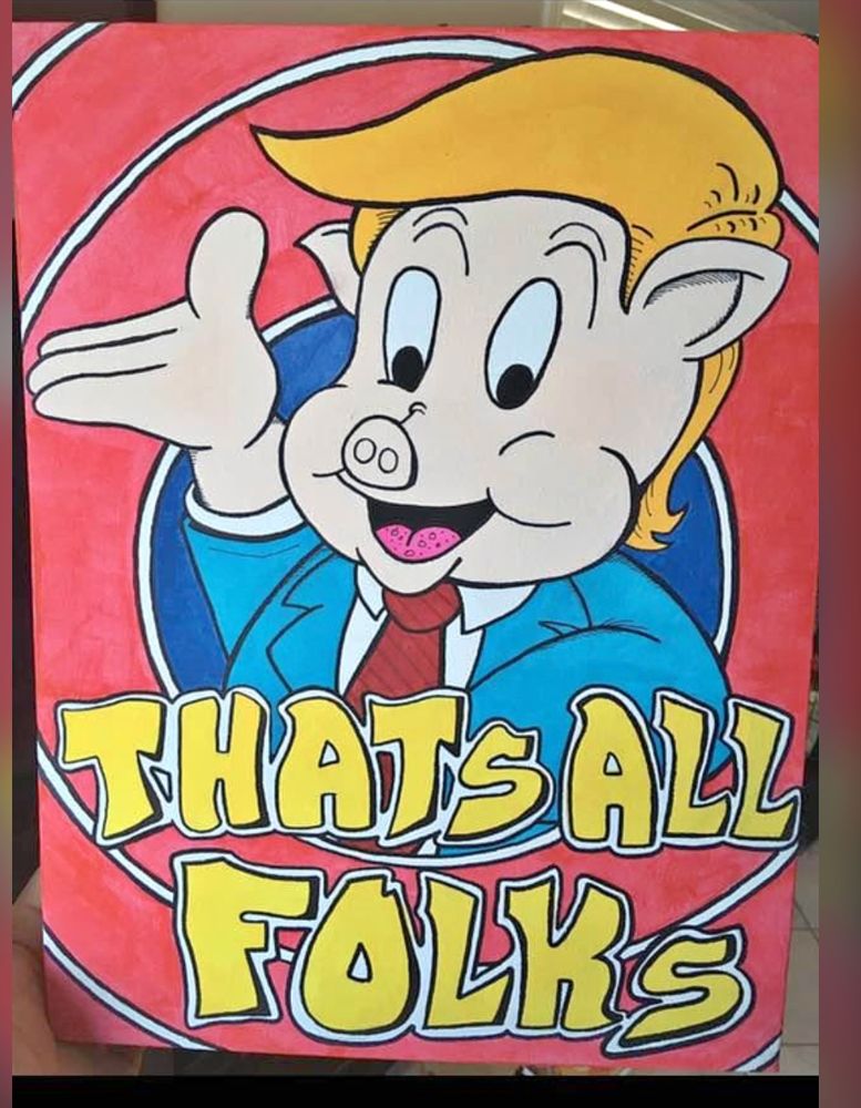 Trump porky pig saying 'thats all folks' but it might be lindsay graham in donald trump cosplay