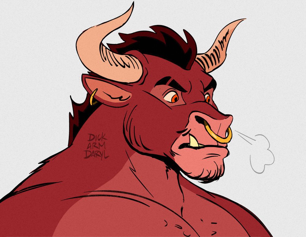 A bust drawing of an anthro bull with a spiky mohawk, a pair of long curved horns, a golden nose ring, hoop earrings and two sharp tusks underbite. Looking to the right side with a gruffy expression.