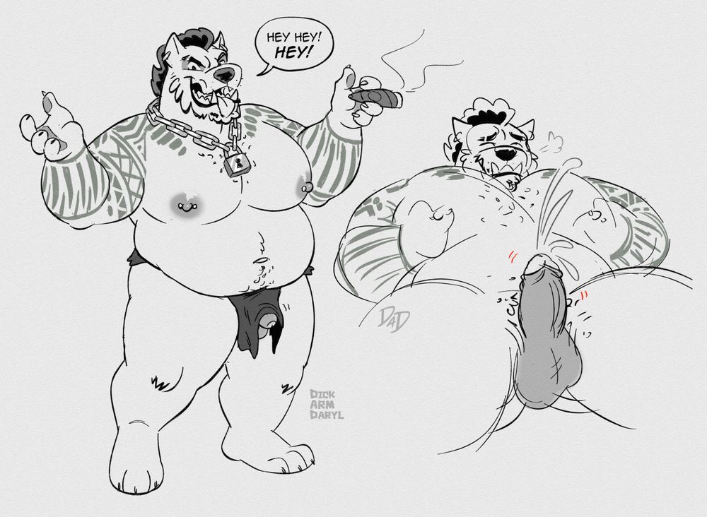 Two doodles of Daryl, a big burly male anthropomorphic pitador dog with a curly mohawk, cropped ears, two tusks, tatted arms, wearing a heavy chain necklace, earrings and a loincloth with his penis peeking out. In the first pose, he's idly standing while smoking a cigar. In the 2nd pose he's laying back, squeezing his nipples to make himself cum.