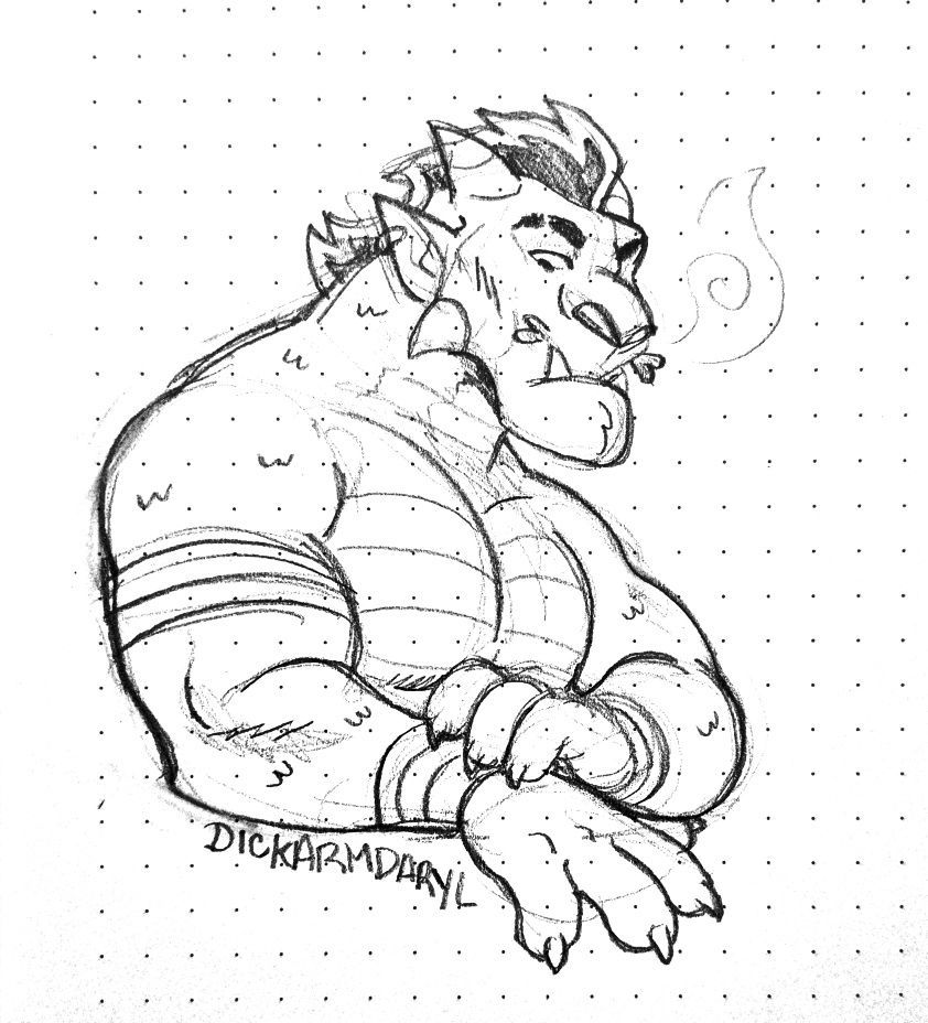 A pencil sketch of Daryl, a dragon gargoyle hybrid looking downwards besides him while having his hand on top of his wrist.