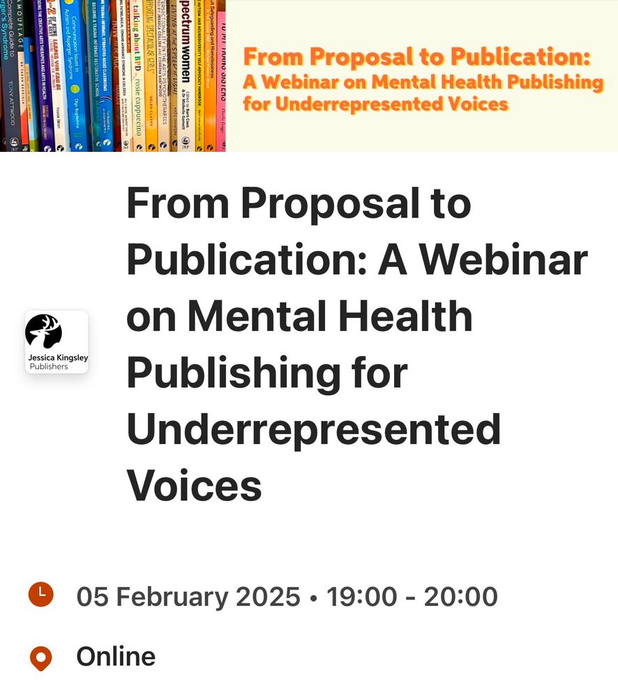 From Proposal to Publication: A Webinar on Mental Health Publishing for Jessica Kingsley Publishers Underrepresented Voices

05th February 2025, 7pm - 8pm 
(Online) 