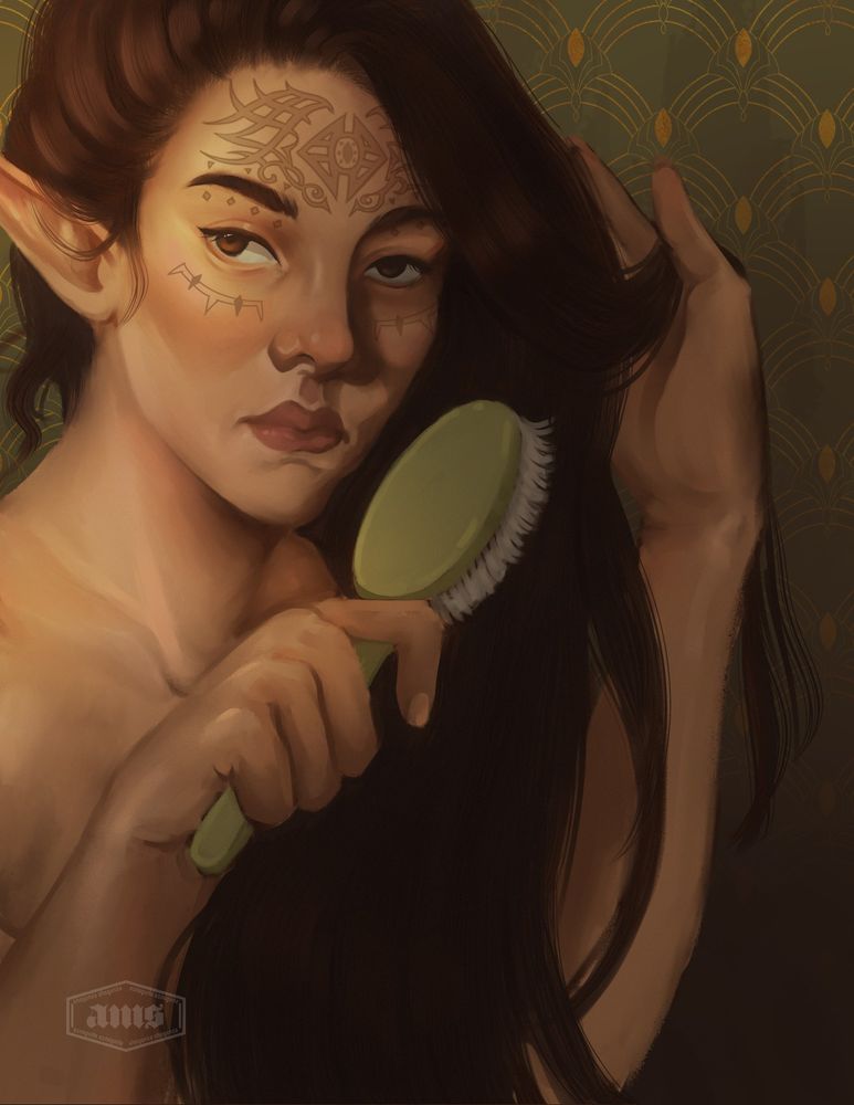 Bellara brushes what one must imagine to be extremely long hair, let down from her usual bun.