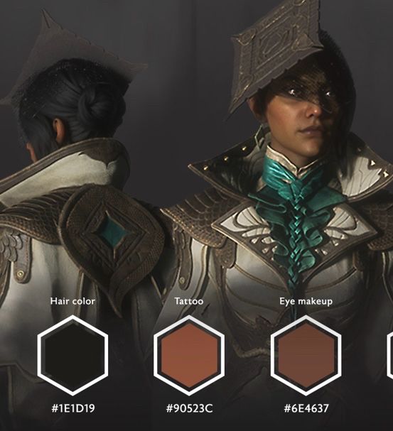 A reference image of Neve Gallus provided by BioWare to the community. It has a swatch entitled ‘Hair color’, ‘Eye makeup’ and ‘Tattoo’