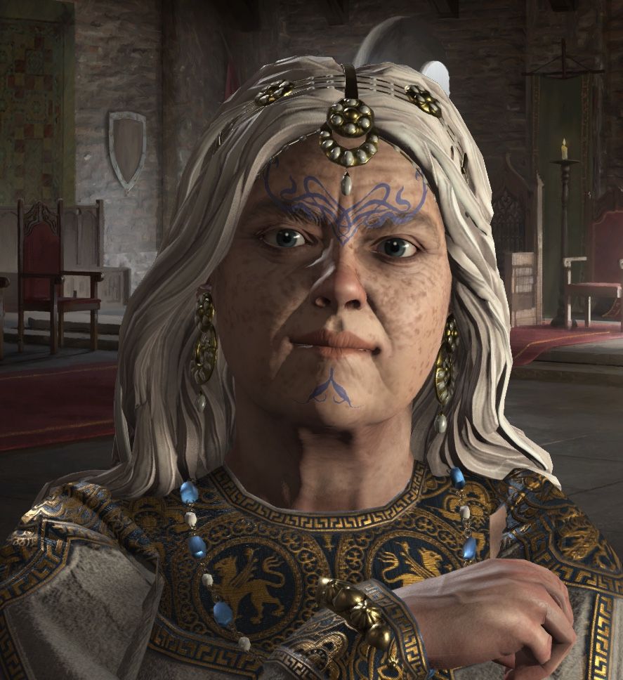 A CK3 ruler portrait with blue Ghilan’nain vallaslin