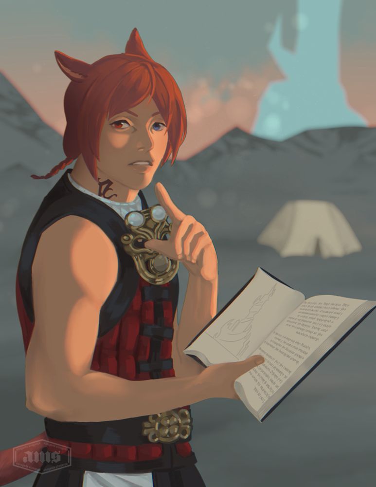 ARR G’raha Tia holds an open book in front of the Crystal Tower