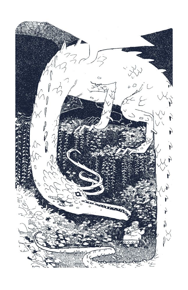 A dragon listening to the lullaby a much smaller character, human looking, is playing on a string instrument