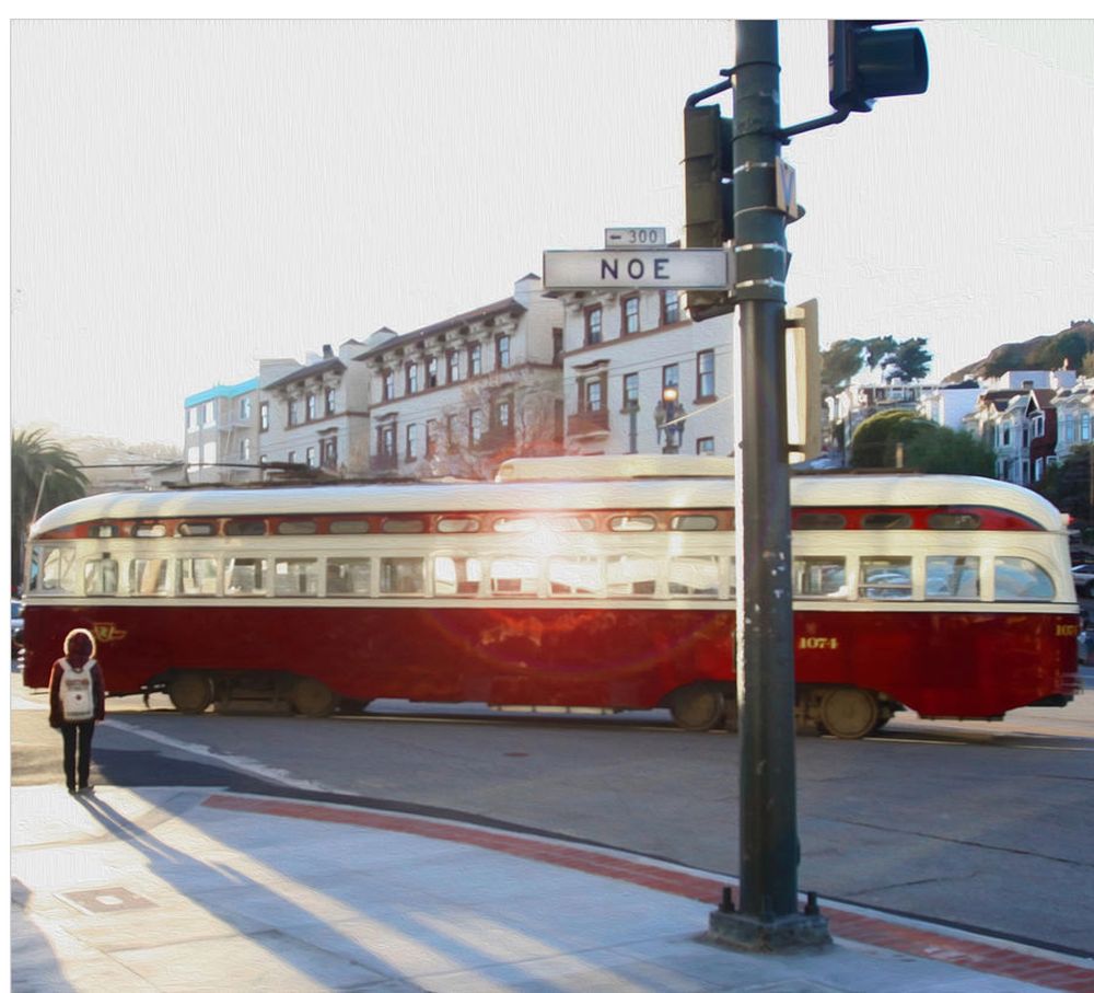 This was taken at sunset on the corner of Noe and Market Street in the Castro District of San Francisco. The sun was beginning to drop, making it the perfect time for light and shadow to play off each on the the cable car. 