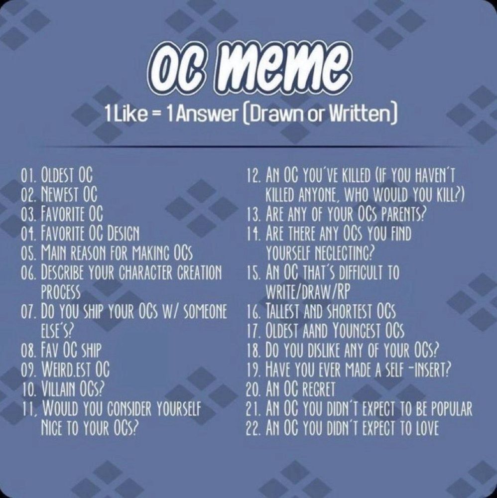 OC Meme
1 Like = 1 Answer (Drawn or Written)

On the left
1. Oldest OC
2. Newest OC
3. Favorite OC
4. Favorite OC Design
5. Main Reason for making OCs
6. Describe your character creation process
7. Do you ship your OCs w/ someone else's?
8.Fav OC Ship
9. Weirdest OC
10. Villain OCs
11. Would you consider yourself nice to your OCs?

On the right
12. An OC you've killed (If you haven't killed anyone, who would you kill?)
Are any of your OCs parents?
14. Are there any OCs you find yourself neglecting?
15. An OC that's difficult to write/draw/rp
16. Tallest and shortest OCs
17. Oldest and youngest OCs
18. Do you dislike any of your OCs?
19. Have you ever made a self-insert?
20. An OC regret
21. An OC you didn't expect to be popular
22. An OC you didn't expect to love