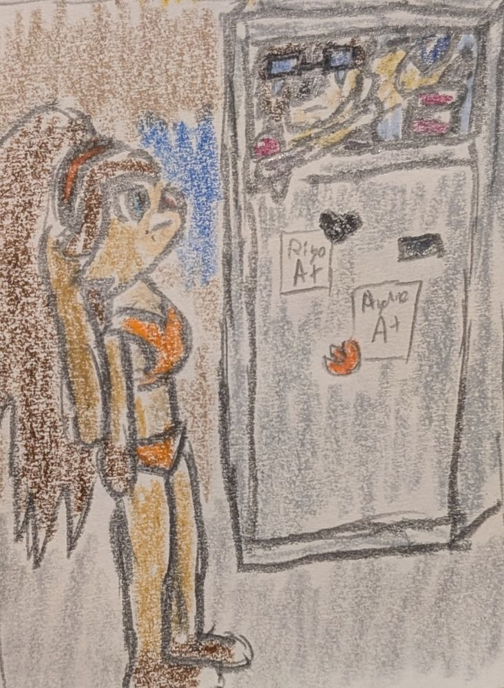 Color pencil drawing of Lop Norausa, a Lepi woman from Star Wars Visions, glaring into the freezer. Inside the freezer, Eli Norainu, an anthro dog man, my main OC, offers an ice cream cone to his wife. Eli is crammed into the freezer.
