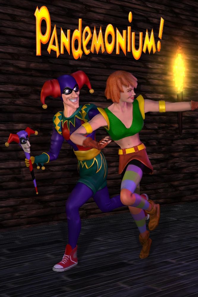 Jaquette PC du jeu Pandemonium (1996)
on y voit les deux protagonistes principaux : un bouffon et une gymnaste courir dans vers la gauche en regardant derrière eux.