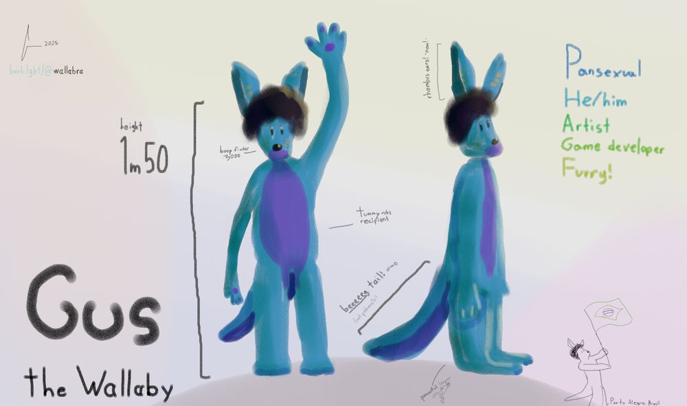 Gus the Wallaby reference sheet, with a front view and a side view. Gus is a 1m50cm wallaby (Macropus rufogriseus) with a blue and purple fur color scheme and large black fluffy curly hair.