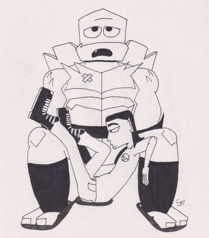 A black and white traditional drawing of Raph and Casey. Raph is sitting down, his legs wide, as he stares ahead with a glazed over look, his mouth hanging open. Casey is in Raph’s lap, his legs up on Raph’s left leg and his arm resting against Raph’s right leg as he stares off to the left with a bored expression. 