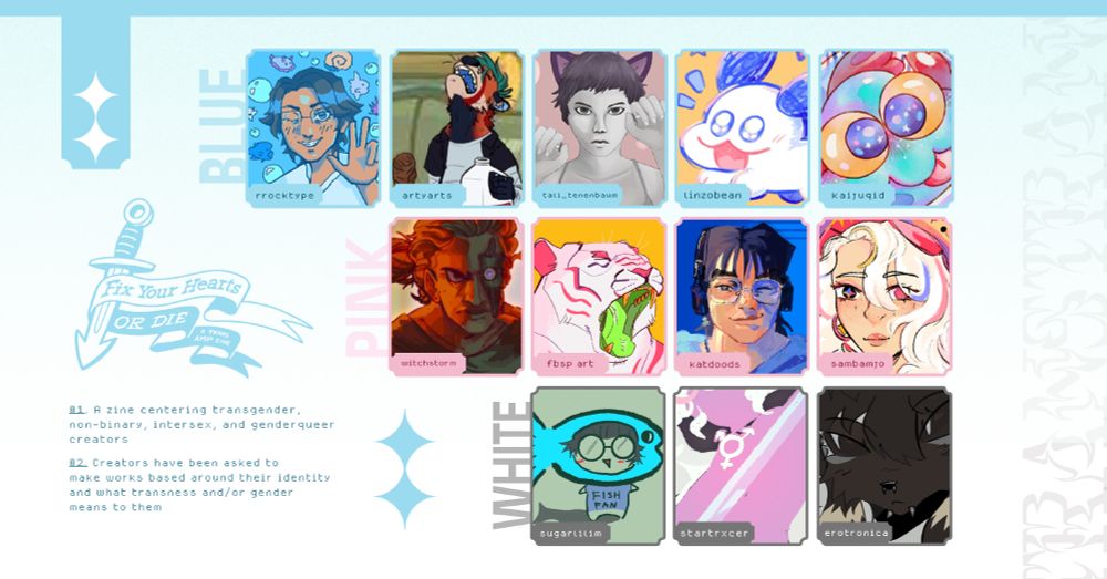 Collage of icons from multiple creators in blue, with various social media handles.
