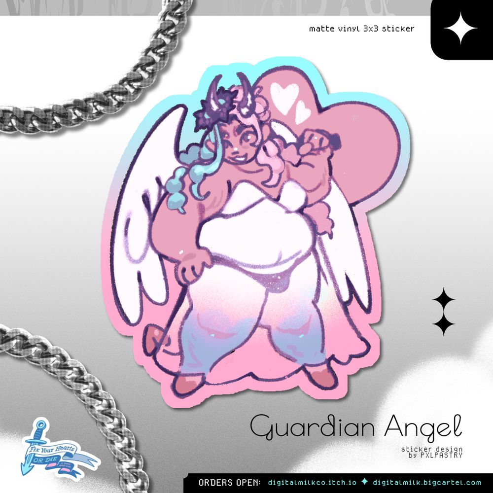 a mock-up of a sticker depicting a fat humanoid angel who has pink tan skin, split curly hair, and is carrying a heart shaped shield. two angel wings come from her back, and her skirt is semi-transluscent. she is dressed like the transgender flag.