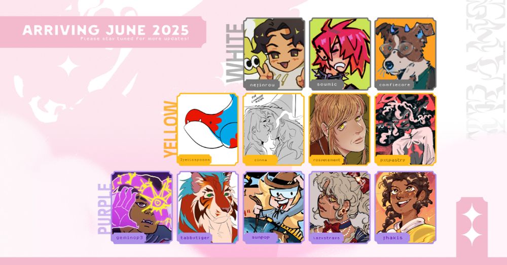 Collage of icons from multiple creators in pink, with various social media handles.