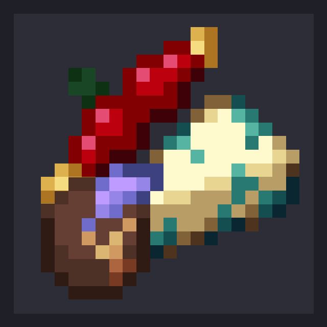 Pixel art of a chocolate praline decorated with a purple leaf, blue cheese, and red berries on a skewer