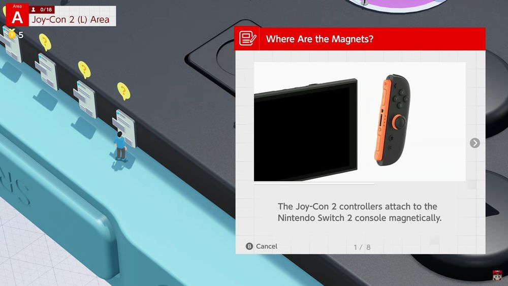 A screenshot of Switch 2 Welcome Tour, showing a man standing on a gigantic Switch 2 Joy Con reading a sign. A pop-up reads: "Where Are the Magnets? The Joy-Con 2 controllers attach to the Nintendo Switch 2 console magnetically.", with an image of the Switch 2 and a Joy-Con 2 attached.