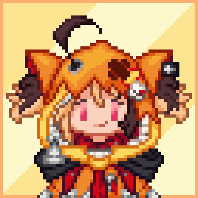 Pixel art of Gigi Murin from Hololive English Fourth Generation: Justice, wearing her orange cat-shaped hoodie covered in zippers, patches, and other accessories. She is in front of a pale yellow diagonally-striped background.