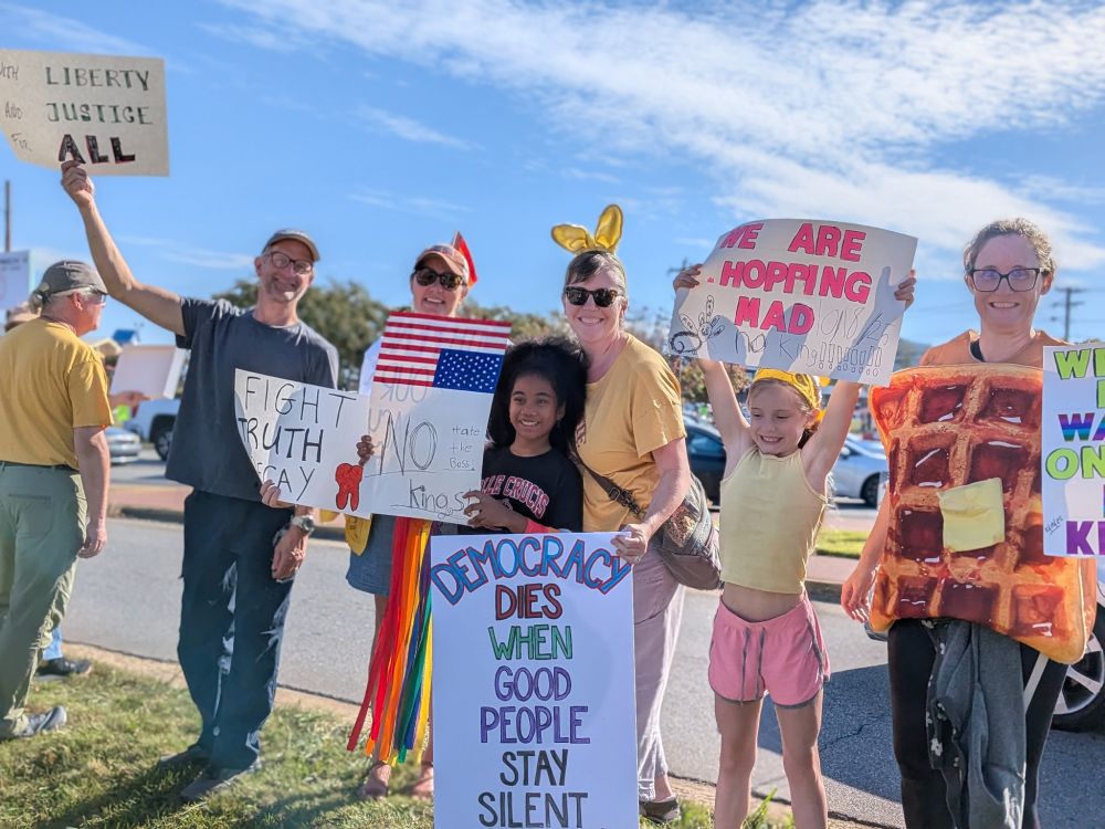 Peaceful no kings supporters holding signs on a street corner.