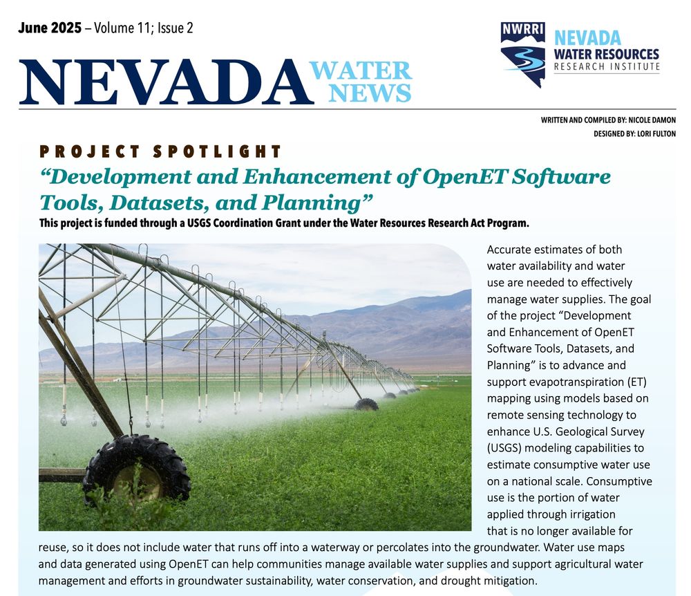 Screenshot of the first page of the Nevada Water News newsletter from NWRRI for June 2025 - Volume 11; Issue 2 Project Spotlight: Development and Enhancement of OpenET Software Tools, Datasets, and Planning.