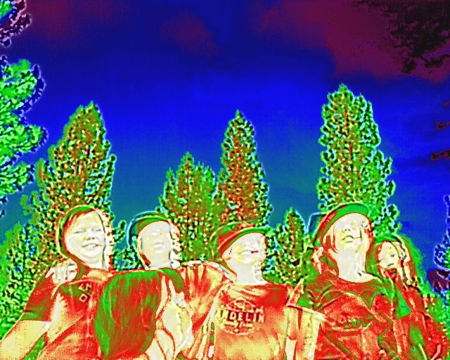 Five campers photographed using sensors. Tall trees in background.
