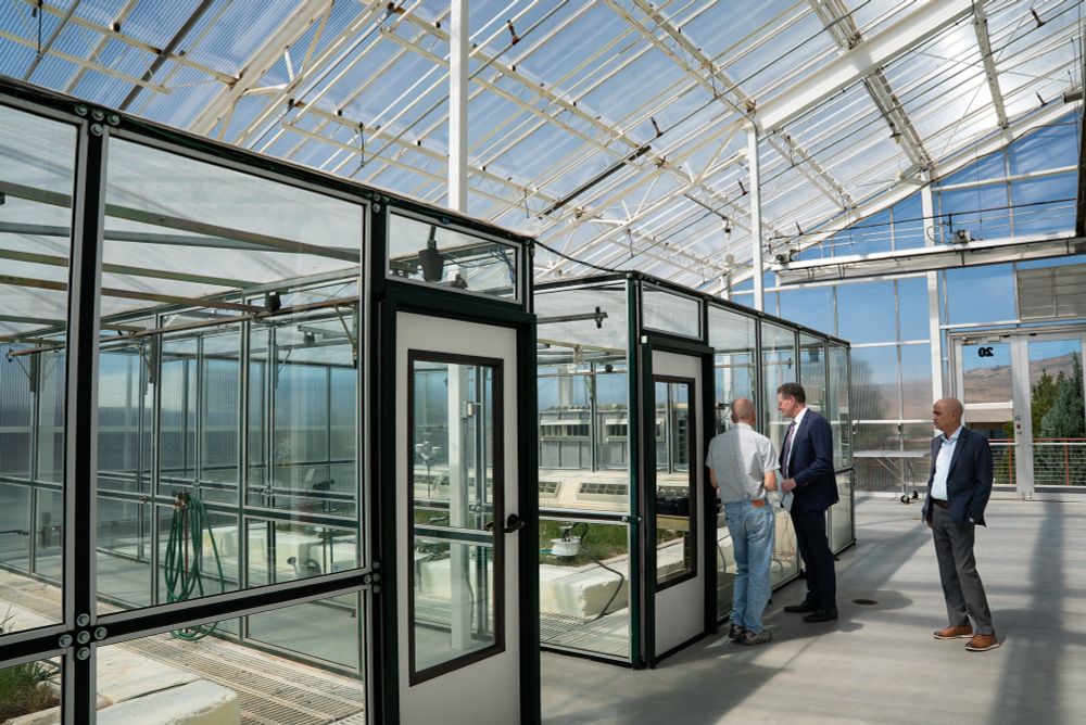 NSHE Chancellor McNair and DRI President Acharya are engaged in a discussion with a researcher inside a modern greenhouse with an extensive glass structure and multiple plant growth chambers. A clear blue sky is visible through the transparent roof.