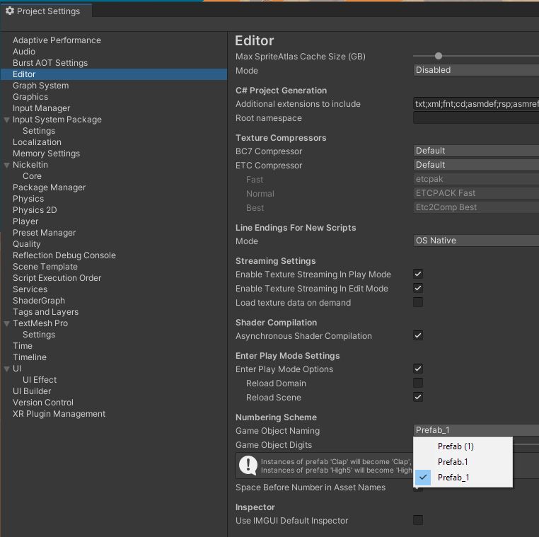 Screenshot of Unity project settings highlighting the ability to change the Numbering Scheme 