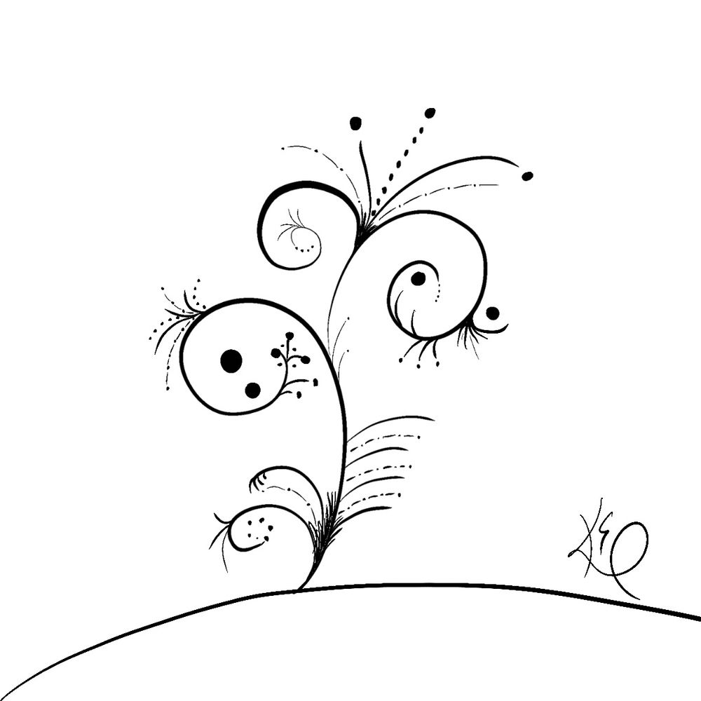 A white background with a magical, swirly, curly, dotted flower thingy. And the initials KSP for Kathryn S Powell’s art