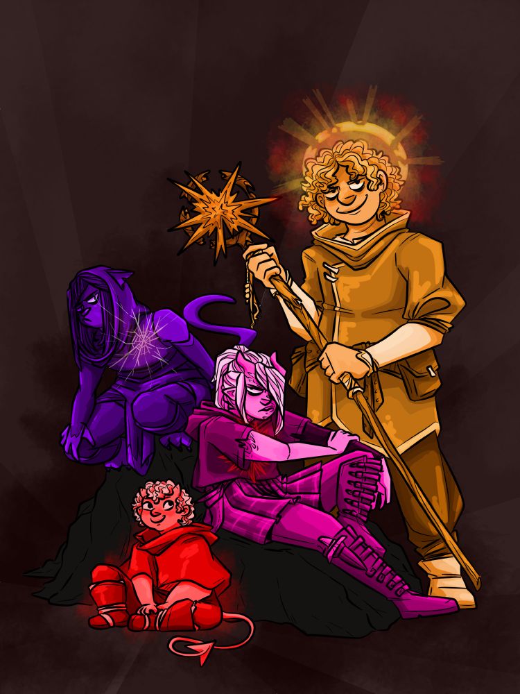 Digital drawing of Kalina, Buddy Dawn, Kipperlilly Copperkettle and Bakarath sitting of standing and looking at the camera. Bakarath is sitting in the foreground with a small smile on his face, he is the only one not looking at the camera. He is coloured in shades of red. Kipperlilly is coloured in shades of magenta, sitting with one knee pulled up and half of her face covered by her hair, concealing the burn scars on her face, a remnant of the rage star visible on her chest Kalina is perched behind and to the left of Kipperlilly, half of her face concealed by shadow and coloured in shades of purple. On her left collarbone is a remnant of a gunshot, with an image like glass shattering emanating from the center.  Buddy stands behind Kipperlilly with a languid smile, holding his staff which is splinted between his hands. Behind his head is a broken halo and he is coloured in shades of yellow.