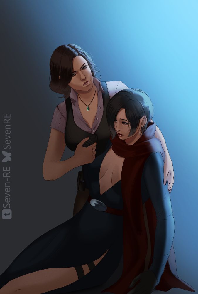 Digital illustration of Helena Harper and Carla Radames from Resident Evil 6. Carla is sitting on the ground with Helena helping her up.